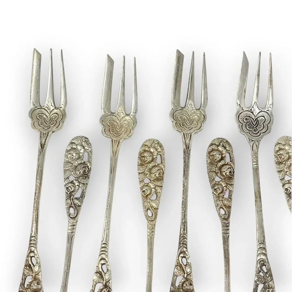 Silver 800 835 Dessert Pastry Mini Forks Fork Lot of 12 Floral Ornate Rose 5.5”